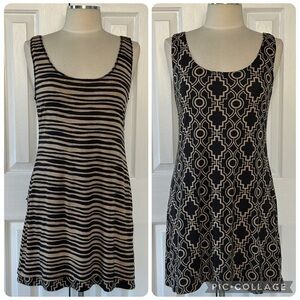 Reversible Sleeveless Shift Dress Black Tan Stripe & Geometric Print